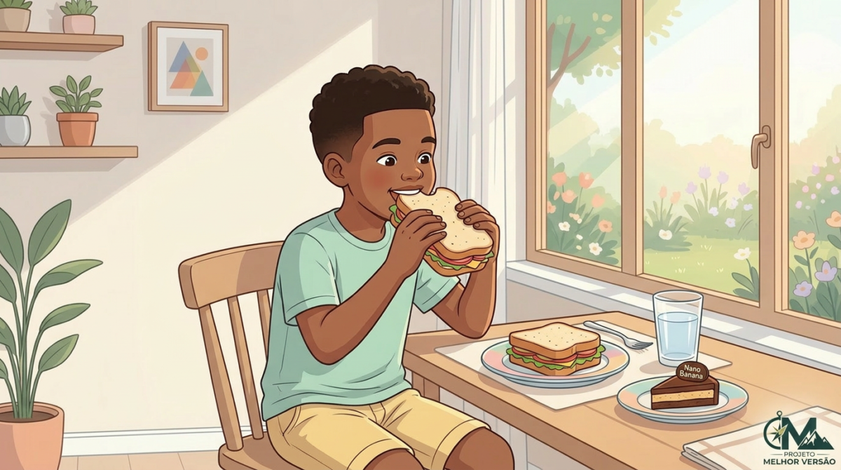 Ilustração em estilo suave, com a mesma identidade visual do Projeto Melhor Versão, mostrando um menino sentado à mesa, usando camiseta e bermuda em tons pastéis. Ele segura um sanduíche natural com alface e tomate, prestes a dar uma mordida. A mesa é clara e simples, com um copo de suco ao lado, e ao fundo há uma parede em tom neutro com alguns elementos decorativos discretos, transmitindo sensação de leveza, cuidado e um lanche saudável no dia a dia.