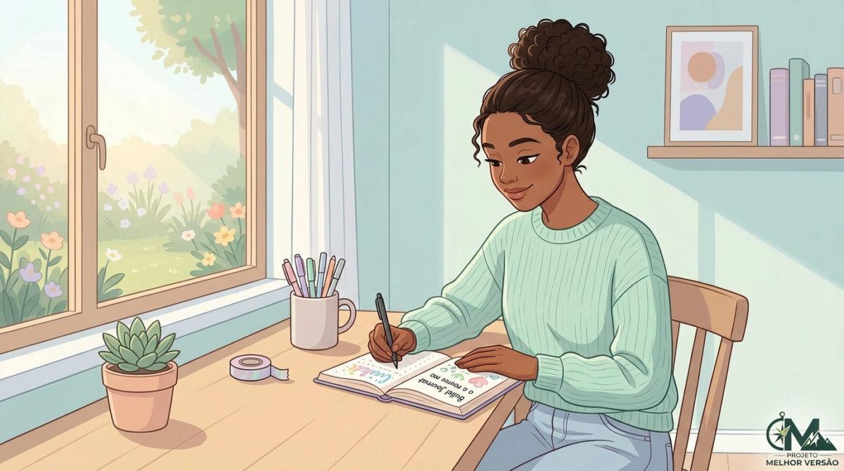 Ilustração em tons pastéis de uma mulher negra sentada em seu quarto, apoiada em uma cama clara, escrevendo concentrada em seu bullet journal aberto sobre o colo. O ambiente é suave e acolhedor, com paredes em cores neutras, alguns quadros minimalistas, planta ao lado e luz natural entrando pela janela, transmitindo organização, autocuidado e bem-estar.