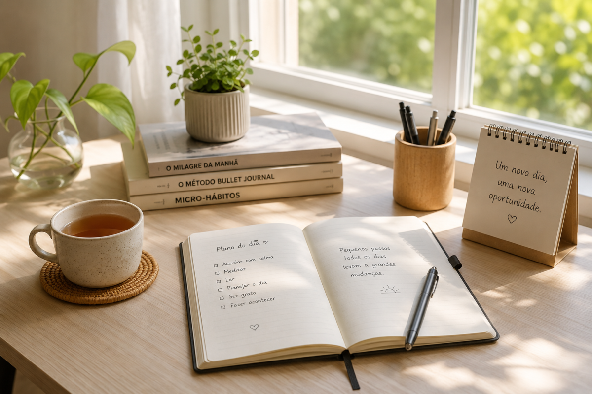 **Texto alternativo (alt text):** Mesa de madeira clara e organizada com um caderno aberto, uma caneta, uma xícara de chá e luz natural entrando pela janela, criando um ambiente calmo, minimalista e inspirador para planejar a rotina e desenvolver micro-hábitos.