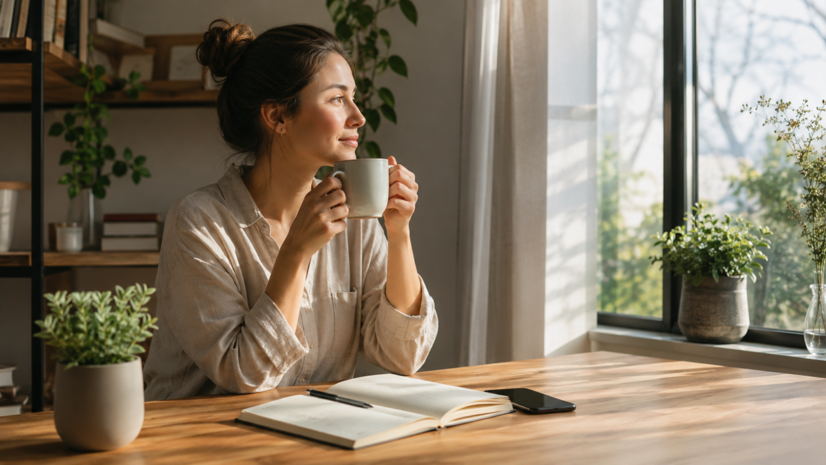 Pessoa organizando uma rotina matinal tranquila com café, caderno de prioridades e luz natural pela janela.