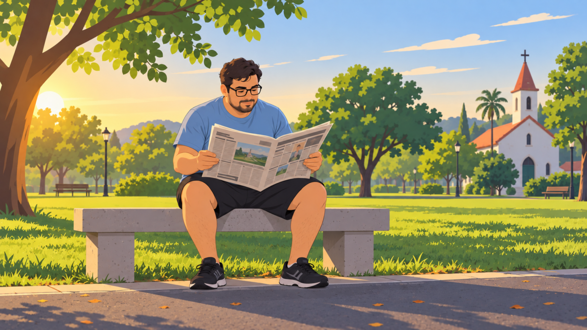 homem de camiseta azul lendo jornal sentado em um banco em uma praca